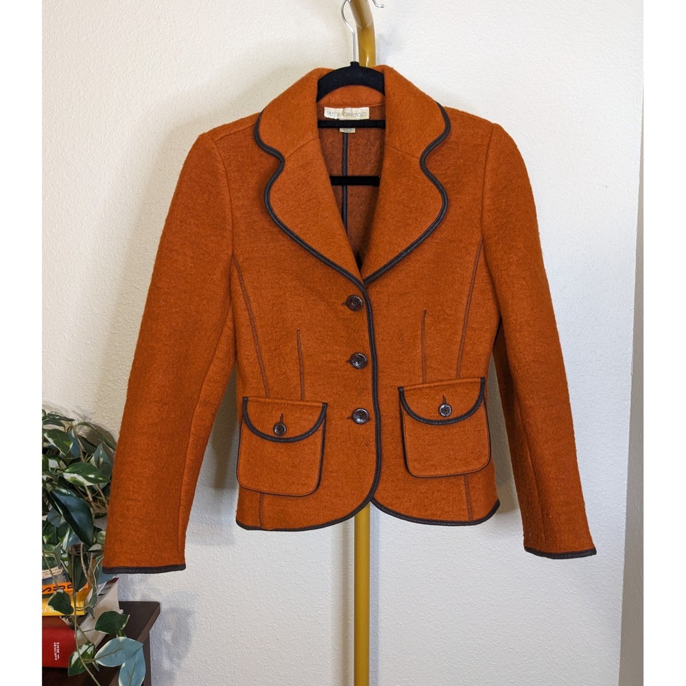 Y2K Rust Orange Boiled Wool Blend Piped Blazer Jacket Vintage Retro Terracotta